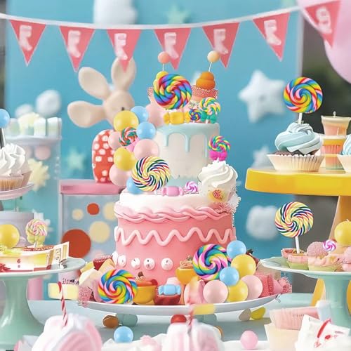 Rismise Candyland Cake Topper 28PCS Lollipop Cake Decorations Colorful Ball Cake Toppers Candy Cake Topper Sweet One Cake Toppers with Lollipop Donut Bow for Sweet Ice Cream Theme Party - image 4