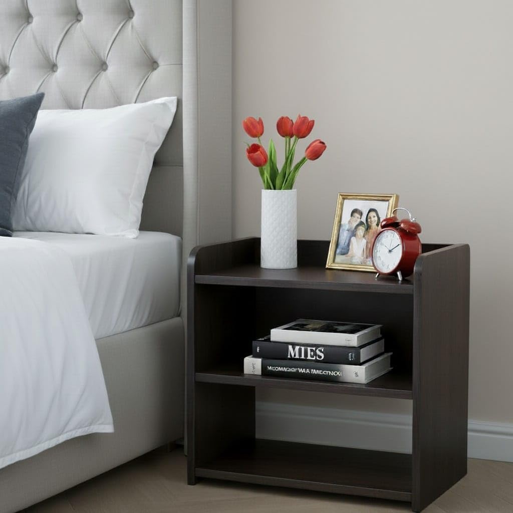 Wooden Bedside Table for Bedroom with 3 Tier Storage | Bed Side Table, Nightstand, Side End Table & Bookcase Organizer | Coffee Table for Living Room | Engineered Wood, Dark Brown