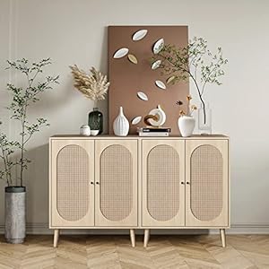 QHITTY Rattan Sideboard Buffet Cabinet Accent Kitchen Storage Cabinet Console Table with Adjustable Shelves for Living Room Dining Room Bedroom Natural
