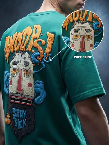 Image of Veirdo Men's Oversized T-Shirt | 240 GSM | Pure Cotton | Drop Shoulder | Round Neck | Half Sleeve Graphic Puff Print | Summer Casual Streetwear Loose Fit Tee