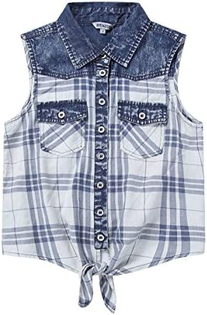 Bienzoe Girl’s Plaid Denim Sleeveless Tie Front Blouse Casual Tank Tops Blue 8