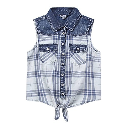Bienzoe Girl’s Plaid Denim Sleeveless Tie Front Blouse Casual Tank Tops Blue 8 #TOP4
