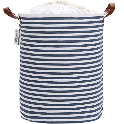 Sea Team 19.7 Inches Large Sized Waterproof Coating Ramie Cotton Fabric Folding Laundry Hamper Bucket Cylindric Burlap Canvas Storage Basket With Stylish Navy Blue & White Stripe Design #TOP11