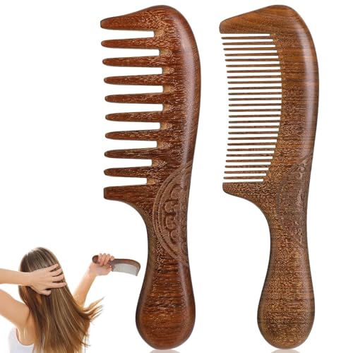 Pack De 2 Peines Multifuncional De Madera, Peine Pelo Grabado Doble Cara Madera Melocotón Natural Con Mango, Para Peine Pelo Largo Denso Fino,Peine Barba Natural Duradero Mujeres Hombres Como Regalo.