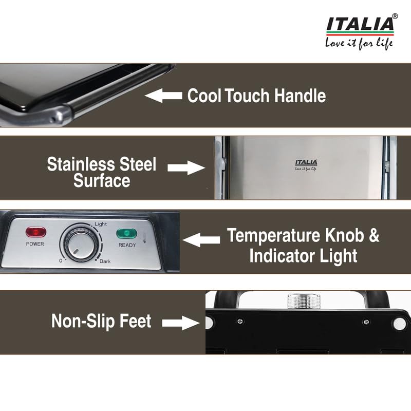 Image of ITALIA Electric Contact Sandwich Grill Maker, 2000W, 180� Opening, Temperature Control, Non-Stick Plates