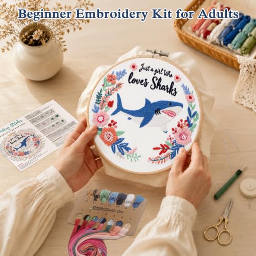 Image of Louise Maelys Cartoon Shark Embroidery Kit for Beginners, DIY Stitching
