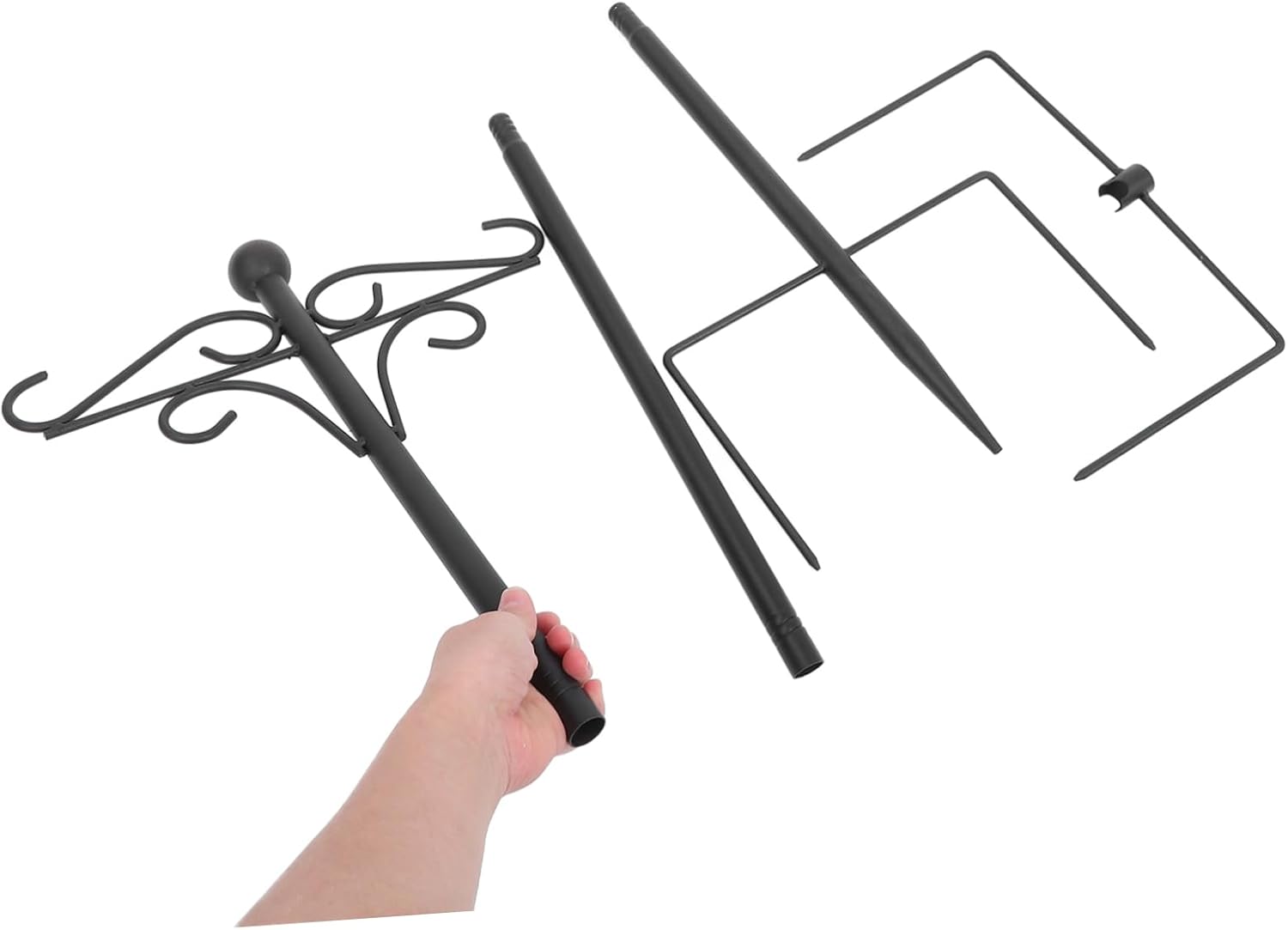 Double Shepherd Hooks for Outdoor Heavy Duty Garden Pole with Base Prongs for Bird Feeders Plant Baskets Lanterns Solar Lights and Decorations Black