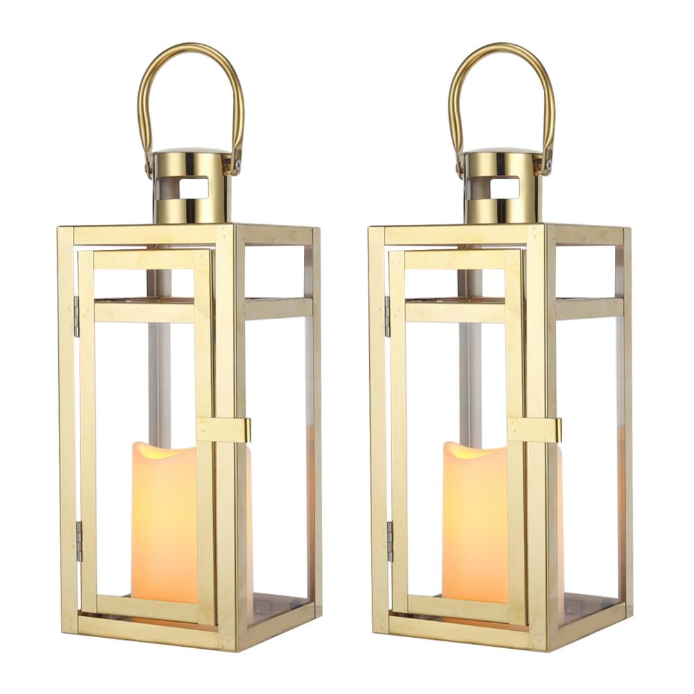 TRIROCKS Lot de 2 lanternes décoratives en acier inoxydable de 30,5 cm de haut en métal avec panneaux trempés pour décoration d'intérieur, salon, fêtes, événements, table, intérieur et extérieur (doré