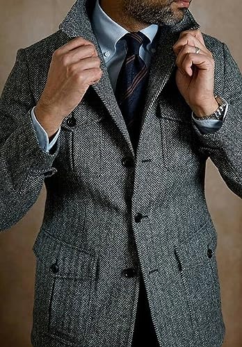 Men's Herringbone Tweed Suit Jacket Business Formal Blazer Coat for Wedding Tuxedo3