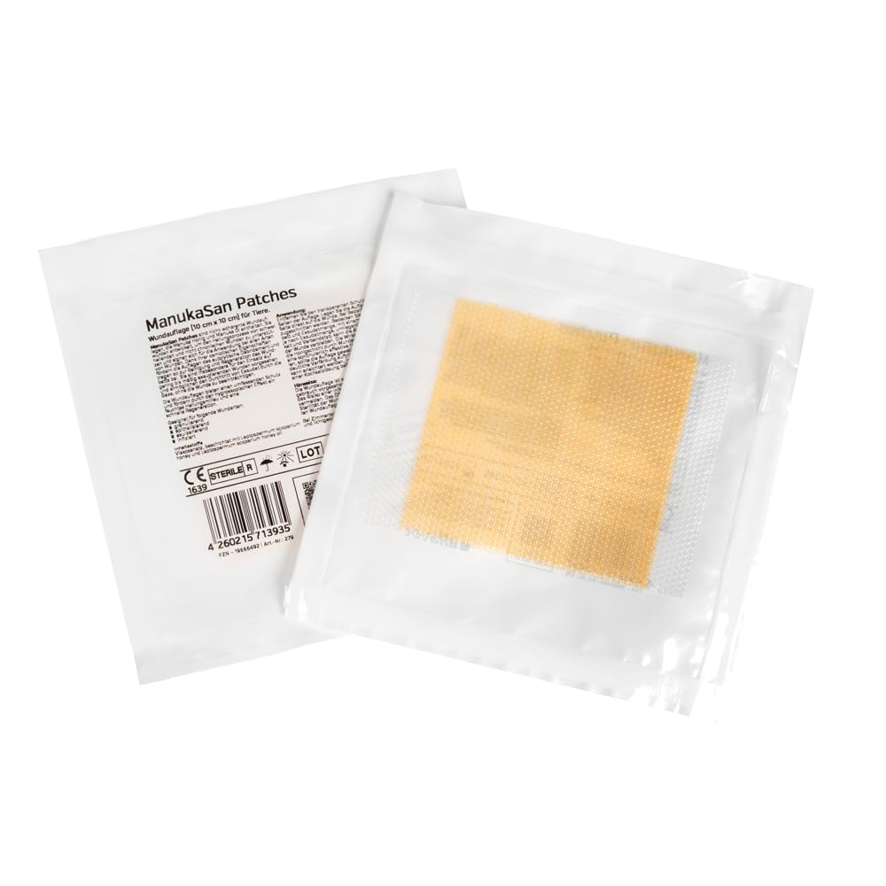 Alfavet ManukaSan Patches 10 x 10 cm | 10 Stück | Wundauflagen für Tiere | Nicht klebende Netzwundauflagen aus Viskose mit Manuka Honig und Manuka Öl | Bei Allen Arten von Wunden