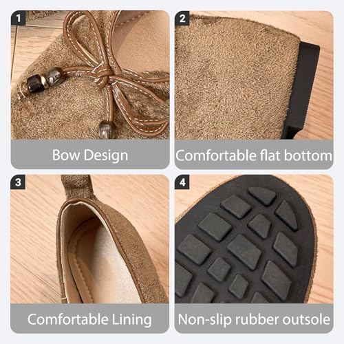 Women's Suede Bow Round Toe Ballet Flats Casual Slip On Comfortable Memory Foam Cushioned Dressy Flat Shoes for for Walking, Driving3