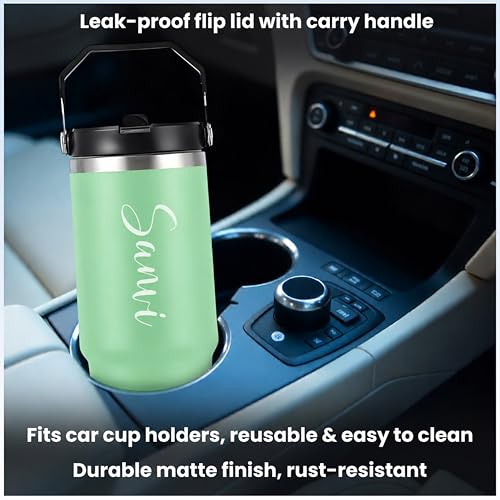 Image of SAVRI Personalized Stainless Steel Straw Tumbler (1200 ml) - Double Wall Vacuum Insulated Travel Mug with Lid & Straw, Custom Name & Logo Engraving. (900 ml Light Green Tumbler)