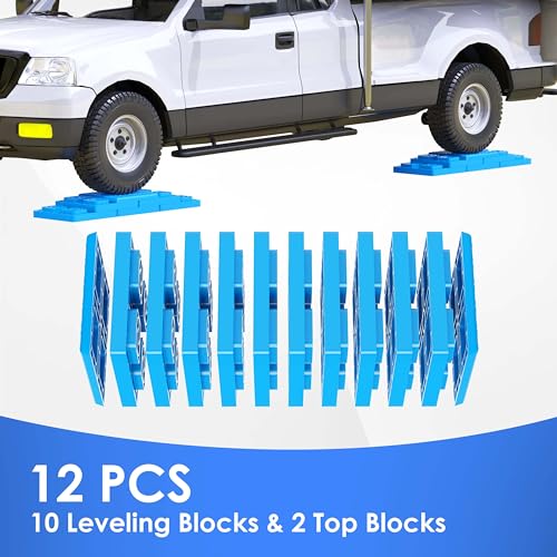 Image of CircleRoad Heavy Duty RV Leveling Blocks 12 Pack, Interlocking Design Camper Leveling Blocks with Packing Bag, Ideal for Leveling Single and Dual Wheels (Blue)