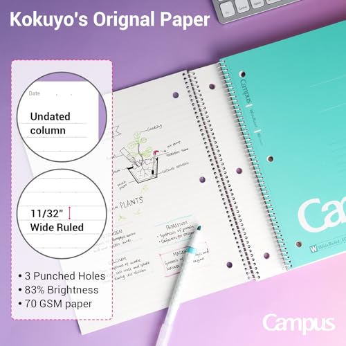 Image of KOKUYO Spiral Notebooks, 3 Pack 10-1 /2 inch x 8 inch Lined Notebooks Wide Ruled | Campus Subject Notebooks, 80 Sheets, 3 Holes School Japanese Ring Journal for Work Study Note Taking, Purple Orange Turquoise
