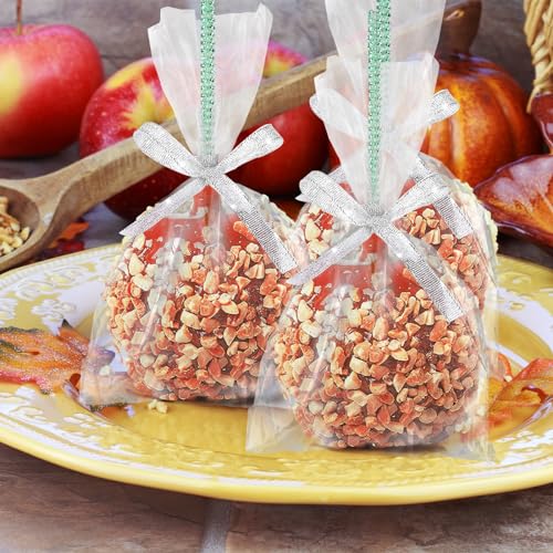 24 Pack Bling Candy Apple Sticks and Bags Kits, Caramel Apple Wooden Skewers,Food Bamboo Decorative Sticks for Rice Krispie Treats Cookie Cake Pops Corn Dogs with Glass Wrapper Glitter Ribbons Tie - Thumbnail 2