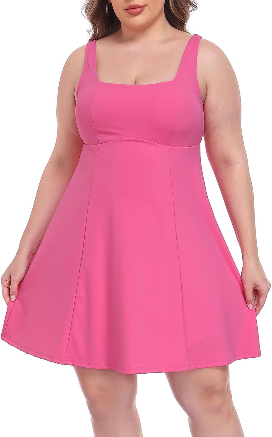 HDE Womens Plus Size Easy Quick Slip Tennis Dress Square Neck Workout Athletic Golf Active Dresses Built-in Shorts and Bra