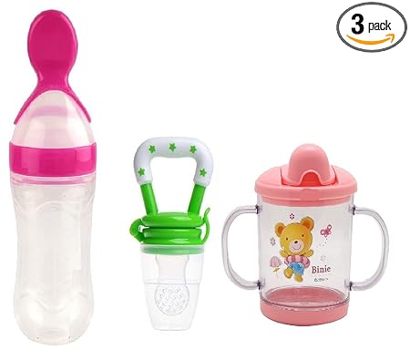 WAHHSON Combo of 3 Baby Safe Silicone Squeeze Fresh Food Feeder Bottle with Food Dispensing Spoon, Infant Food Nibbler Teething Toy Feeding Pacifier and Plastic Sipper Cup-240ml - Multi 11