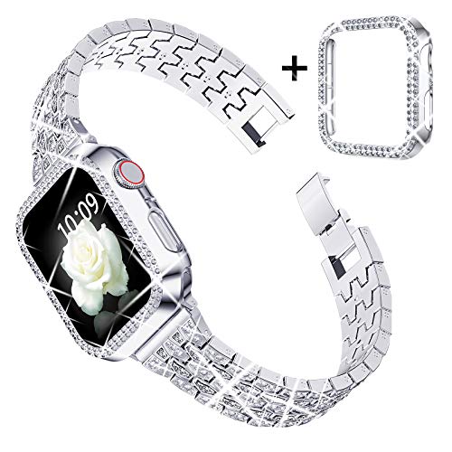 Goton Bing Watch Bands Compatible for Apple Watch 38mm 40mm 42mm 44mm SE Series 6 5 4 3 2 1 Women Diamond Metal Wristband Replacemen Strap Bracelet & Bling Bumper Protective Edge Case (Silver, 40mm)