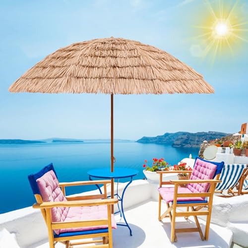 Hula Thatched Tiki Umbrella Tilt Beach Umbrella UV Protection Patio Umbrella Adjustable Height Portable Outdoor Umbrella 8 Ribs Table Umbrella Carry Bag Pool Umbrella Waterproof For Beach Garden Pool(