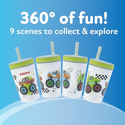 Image of Nuby Thirsty Kids Flexstraw Stainless Steel Insulated Toddler Cup - 12 oz | Leak-Resistant Silicone Straw - Easy-Clean Valve and Capacity - Travel Cup - Monster Trucks