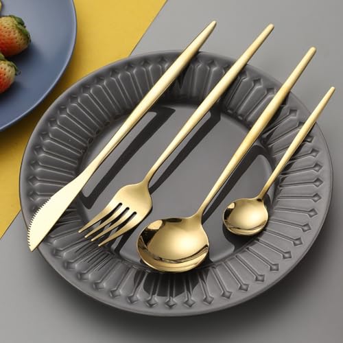 Image of 4 pcs Flatware Set, Gold Silverware Set for 1, Knife Fork Spoon, Stainless Steel Home Dinnerware Tableware,Mixed Cutlery Set Eating Utensils for Restaurants (4 Pcs Gold)