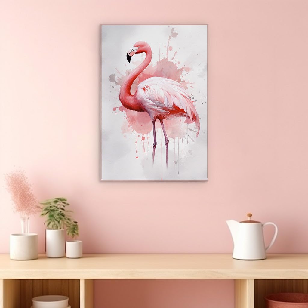 Canvas for Living room. Dreamy Pink Reverie: A Flamingo Amidst a Splatter Paint Oasis, 27 x 18 inch Canvas Wall Art - Inspirational Office Decor