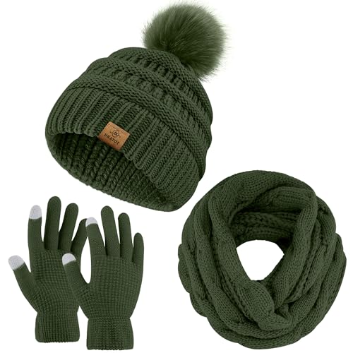 URATOT Winter Warm Knitted Sets Beanie Pompom Hat Scarves Winter Touchscreen Gloves Scarf Set for Men Women