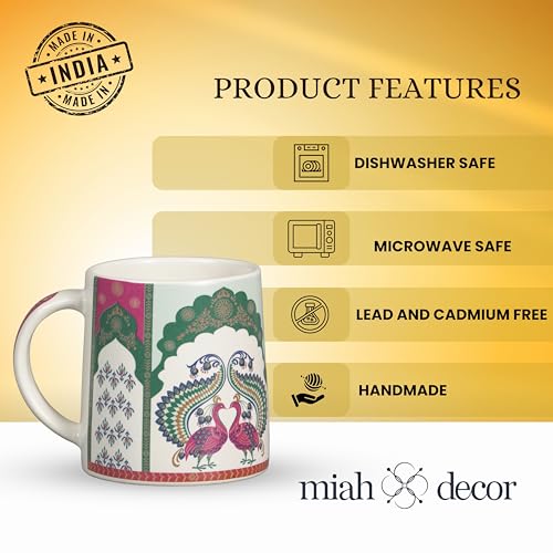 Image of miah decor Neelmayur Royale Collection Handcrafted Ceramic Coffee Cups Set of 6 | Mughal Peacock Design Tea & Coffee Mugs | Green & Maroon on Cream Base | Microwave & Dishwasher Safe