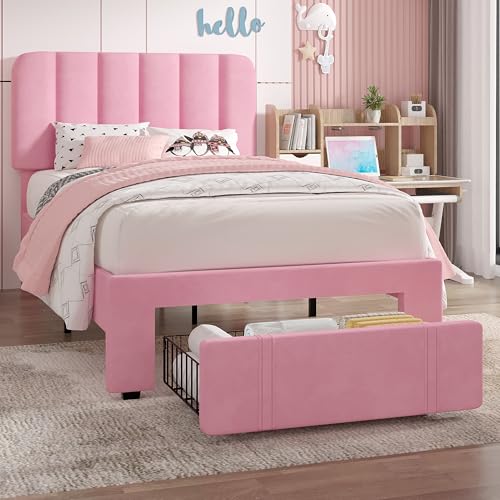 Image of VECELO Twin Size Upholstered Bed Frame with Drawer and Headboard, Velvet Platform Storage Bedframe, Wooden Slats Support, No Box Spring Needed,Pink