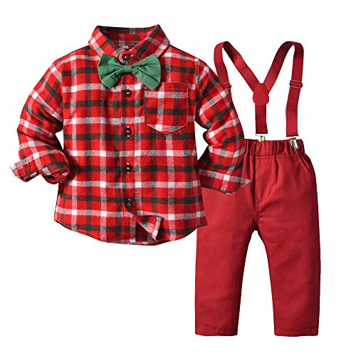 Moyikiss Studio Toddler Dress Suit Baby Boys Gentleman Clothes Sets Bow Ties Shirts + Suspenders Pants Outfits (Red-a, 110/4T)