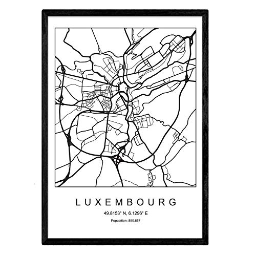 Imprimer Plan de la ville de Luxembourg style scandinave en noir et blanc. affiche de format A3 papier imprimé No 250 gr. Peintures, estampes et affiches pour le salon et chambre à coucher