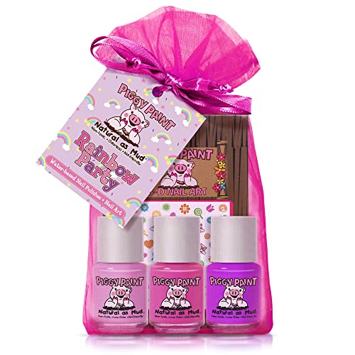 Image of Piggy Paint | 100% Non-Toxic Girls Nail Polish | Safe, Cruelty-free, Vegan, & Low Odor for Kids | Rainbow Party (3 Polish + Nail Art Gift Set)