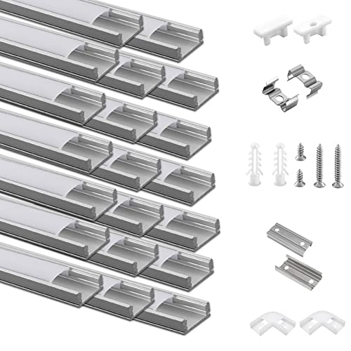 20-PACK LED Profil Aluminium 20 x 1m, U-Form Aluminiumprofil mit milchiger Abdeckung für LED-Strips, Endkappen, und Montageklammer für LED-Streifen, sehr einfache Installation