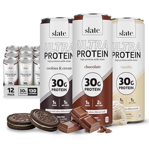 Image of Slate Milk - Ultra Protein Shake - Dessert Pack - Chocolate, Vanilla, Cookies & Cream - 30g Protein, 1g Sugar, 130 Calories, 2g Net Carbs - Lactose Free, No Added Sugar - 11 fl oz, 12 Cans