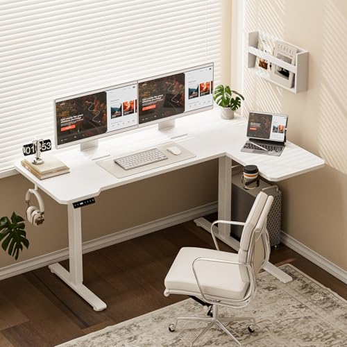 Image of Acrolix L Shaped Electric Standing Desk - 59x40 Inch Reversible Corner Sit Stand Desk with Hook&Cup Holder,Electric Height Adjustable Table,for Home Office Gaming Computer Desk, White