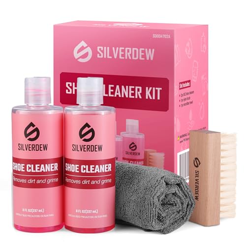 4PCS Shoe Cleaning Kit, Shoe Cleaner 8oz *2 Bottles, Sneaker Cleaner, Nylon Brushes & Microfiber Towel for Sneaker, Leather, Mesh & Canvas, Pink