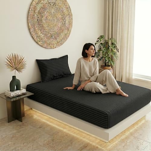 Image of Filymore Single Bed Bedsheet with 1 Pillow Cover, 300 TC Microfiber Satin Striped Bedsheet, Soft & Breathable Single Size Bedcover 90x60 Inches, Black