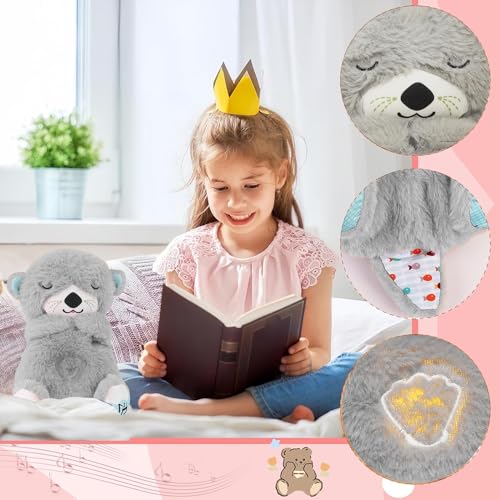 Image of Tinytotem Breathing Teddy Bear Soft Toy Plush with Sound Gift for Girls Baby with Music Lights Motion Toys for Newborns Stitch Teddy Soothing Otter Pink