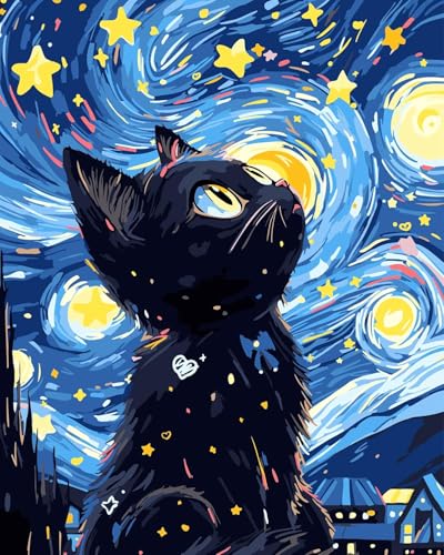 Image of Eiazuiks Stamping Cross Stitch Kit, Starry Sky Cat Counting Cross Stitch Kit for Adult Beginners, Full Line DIY Stitching Kit for Home Decor Cross Stitch Patterns 12x16 inches