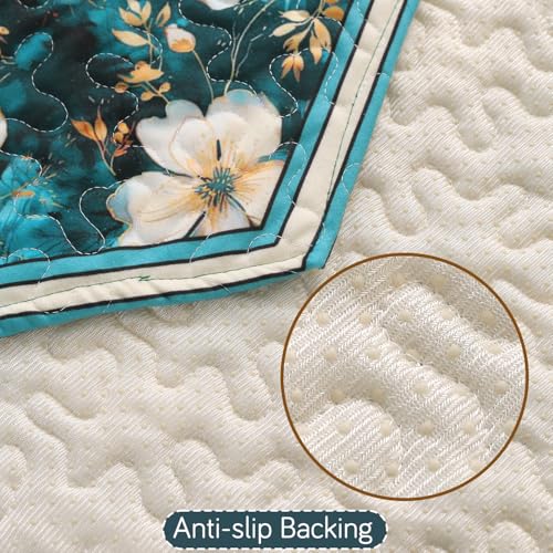 Image of HOKIPO 'Florentina Series' 1 PC Backrest Mat for Sofa Cover | Premium Multi-Needle Quilted Holland Velvet Mat with Anti Slip Backing, Pansies Teal (IN-877-V5*S)