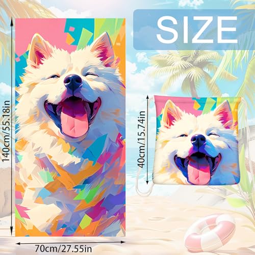 CWENDANER Strandtuch Mikrofaser Handtuch Badetuch, Rucksack Strandtuch Badetuch, 140x70 cm Saugfähig und Schnell Trocknende Sandfrei, für Strand, Reise, Schwimmen(Smiley-Hund)