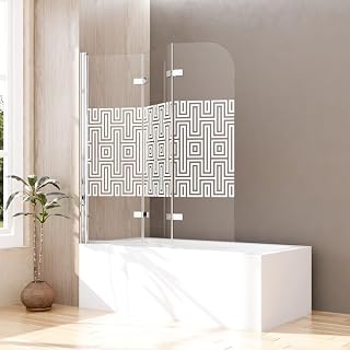 Goezes Duschwand für Badewanne 140x140cm 3-teilig faltbar Duschtrennwand, Glas Duschabtrennung mit Weiß Labyrinthe Gestreift, Badewannenaufsatz aus 6mm ESG Sicherheitsglas