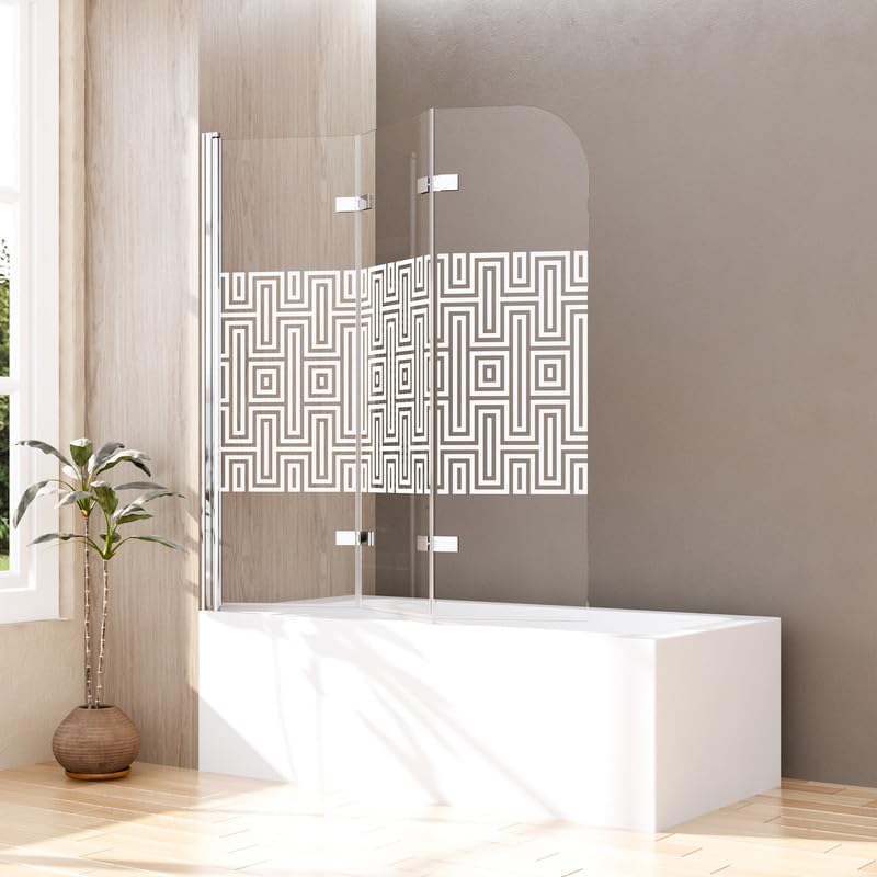 Goezes Duschwand für Badewanne 140x140cm 3-teilig faltbar Duschtrennwand, Glas Duschabtrennung mit Weiß Labyrinthe Gestreift, Badewannenaufsatz aus 6mm ESG Sicherheitsglas