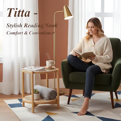 Image of Tiita Natural Rattan End Table with Storage, Bamboo Glass Top Side Table