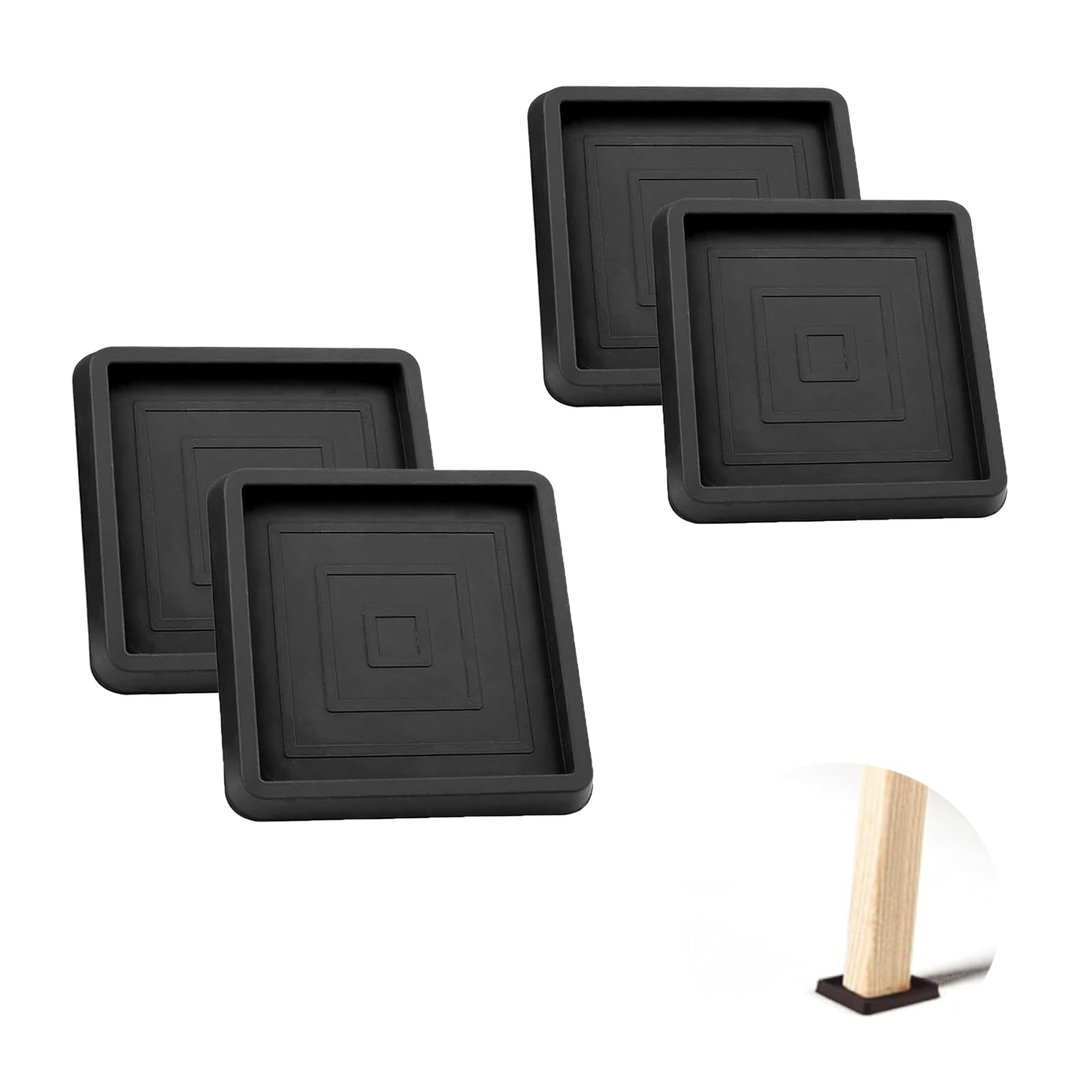 NIYATA 4 Pcs Furniture Coasters Cups,Piano Square Rubber Foot Pads,Rubber Square Feet Caster Cups,Anti Slip Furniture Pads for Hardwood Floors,Non Slip Chair Leg Floor Protectors,2.5 Inch,Black