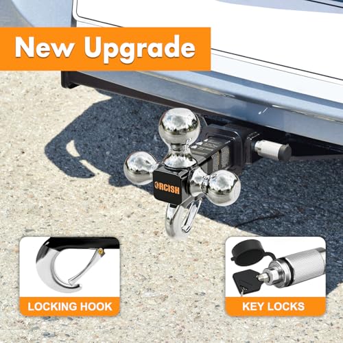 Image of ORCISH Tri-Ball Trailer Hitch with Self-Lock Latch & Hook, Chrome Trailer Ball Size 1-7 /8 inch, 2 inch and 2-5 /16 inch, Fit 2 Inch Hitch Receiver, Anti-Theft Locking Tow Hitch Mount, 10,000 lbs Max Capacity