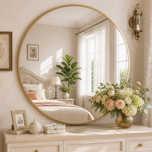 Image of Easly 40 Inch Round Mirror, Gold Metal Frame Wall Mirror for Bathroom | Aluminum Alloy Frame Wall Mirror with High-Definition Lense for Entryway, Living Room, Vanity, Bedroom