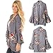 ECOWISH Womens Floral Print Loose Puff Sleeve Kimono Cardigan Lace Patchwork Cover Up Blouse, Gray, US L