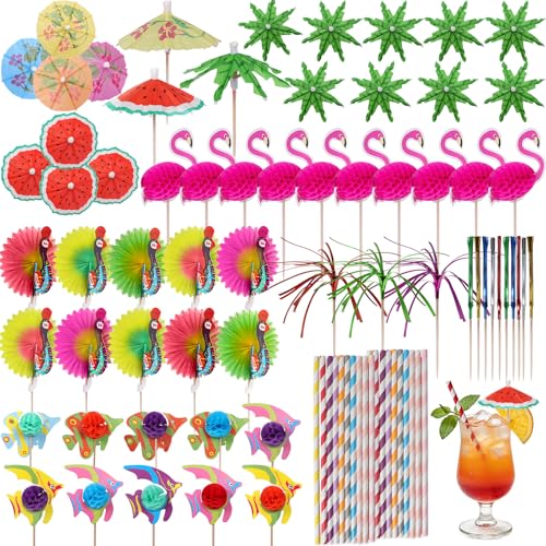 Cocktail Accessories for Drinks 130 Pcs Cocktail Party Decorations with Cocktail Umbrellas Straws Peacock/Flamingo/Watermelon/Sparkler Sticks for Beach Birthday Music Festival Summer Party