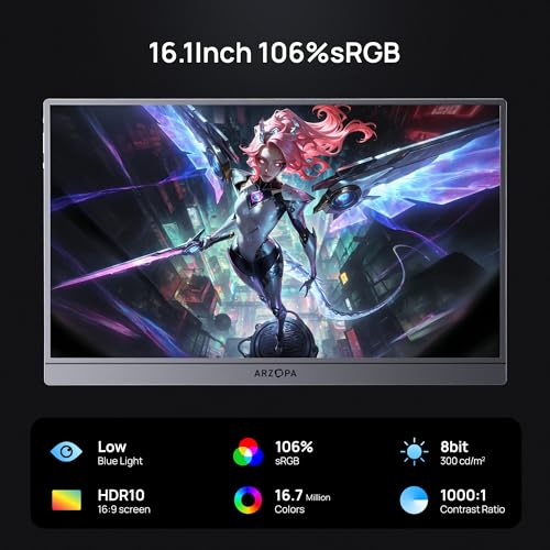 Image of ARZOPA 16.1'' 144Hz Portable Gaming Monitor, 106% sRGB 1080P FHD Kickstand Portable Monitor with HDR, Ultra Slim, Eye Care, External Second Screen for Laptop, PC, PS5, Mac, Xbox-Z1FC Gray